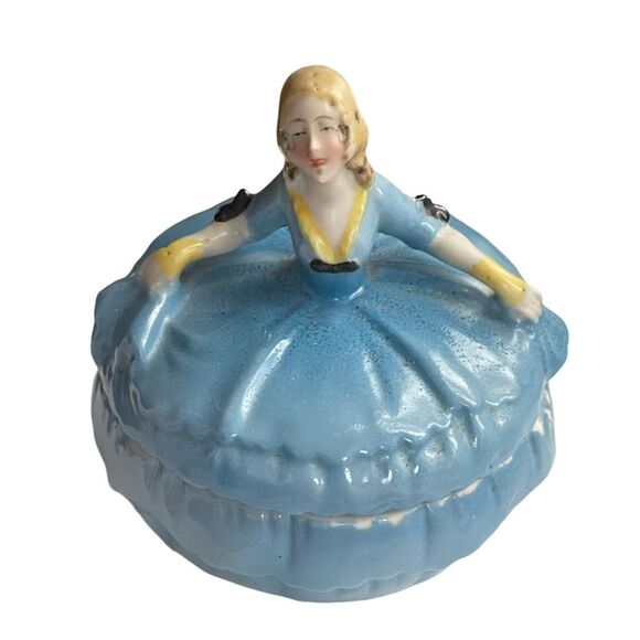 Vintage half doll porcelain trinket box powder box dresser jar. - Picture 1 of 10